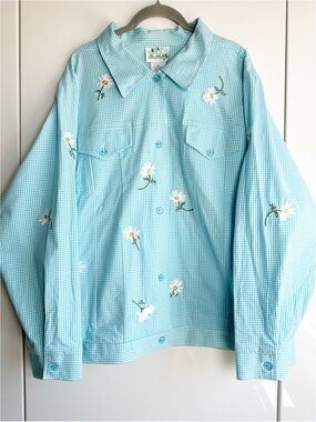 Quacker Factory Gingham Daisy Embroidered Jacket Womens Size 1X Turquoise Blue